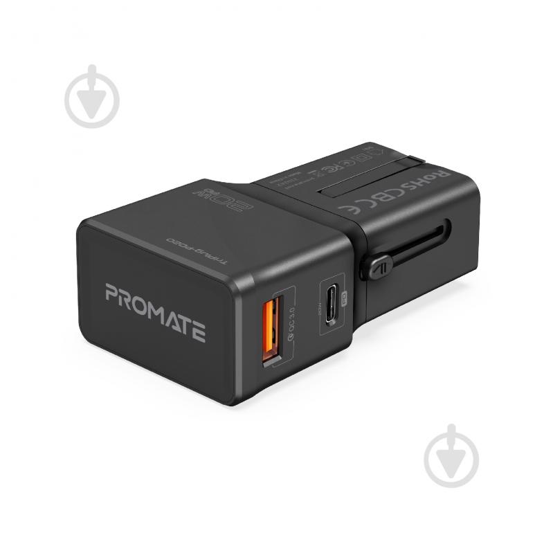 Сетевое зарядное устройство Promate TriPlug-PD20 USB-C PD+USB-A QC и EU/US/UK/AUS штекер Black (triplug-pd20.black) - фото 1 Сетевое зарядное устройство Promate TriPlug-PD20 USB-C PD+USB-A QC и EU/US/UK/AUS штекер Black (triplug-pd20.black) - фото 1