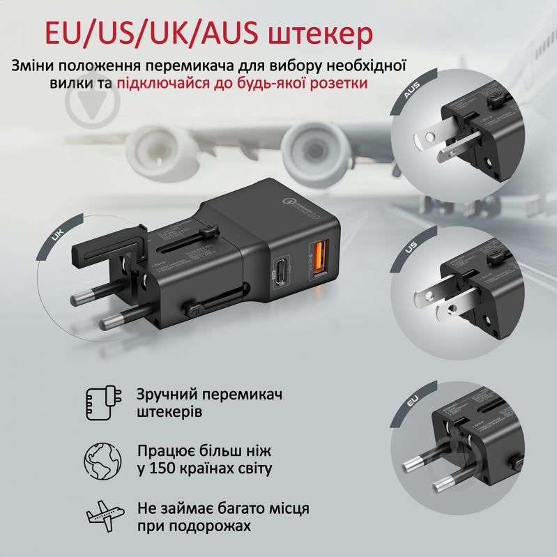Сетевое зарядное устройство Promate TriPlug-PD20 USB-C PD+USB-A QC и EU/US/UK/AUS штекер Black (triplug-pd20.black) - фото 2 Сетевое зарядное устройство Promate TriPlug-PD20 USB-C PD+USB-A QC и EU/US/UK/AUS штекер Black (triplug-pd20.black) - фото 2