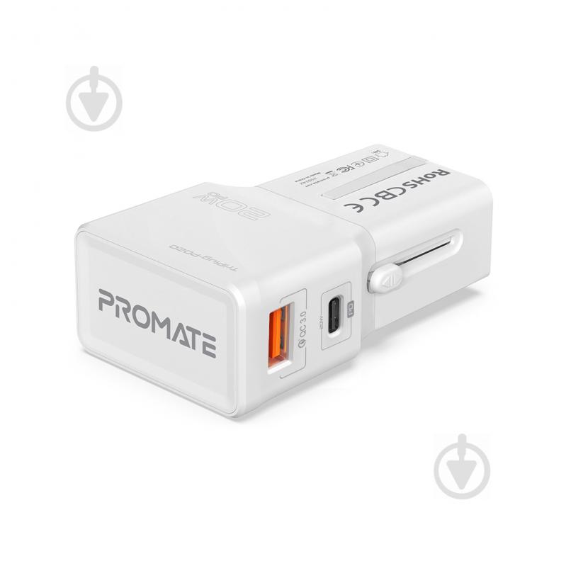 Мережевий зарядний пристрій Promate TriPlug-PD20 USB-C PD+USB-A QC и EU/US/UK/AUS (triplug-pd20.white) - фото 1