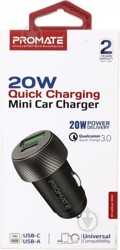 Автомобильное зарядное устройство Promate DriveGear-20W PD USB-C + QC 3.0 USB-A Black (drivegear-20w.black) - фото 8