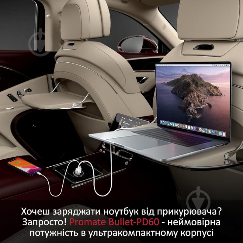 Автомобільний зарядний пристрій Promate Bullet-PD60 Вт USB-C + 18 Вт QC 3.0 USB-A Black (bullet-pd60.black) - фото 2