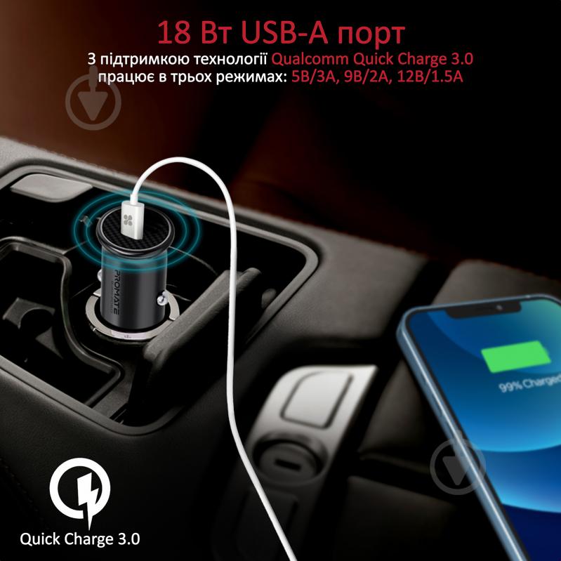 Автомобільний зарядний пристрій Promate Bullet-PD60 Вт USB-C + 18 Вт QC 3.0 USB-A Black (bullet-pd60.black) - фото 5