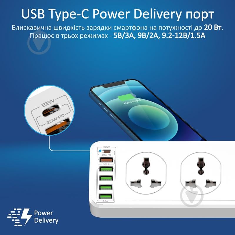 Сетевой фильтр Promate PowerMatrix-3M 10 розеток, 1хUSB-C PD, 1хUSB-A QC 3.0, 4хUSB-A с заземлением 10 гн. белый 3 м powermatrix-3m.eu - фото 3