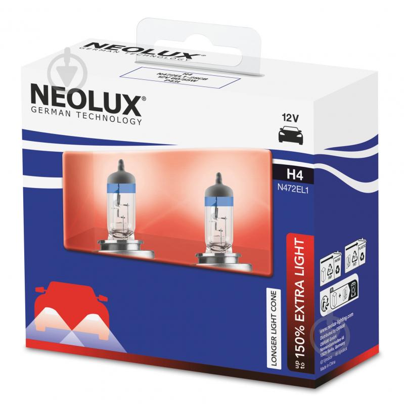 Автолампа галогенна Neolux P43T Extra Light +150% H4 60/55 Вт 2 шт.(NEN472EL12SCB) - фото 1