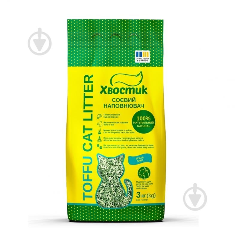 Наповнювач для котячого туалету Хвостик соєвий М'ята 3 кг - фото 1 Наповнювач для котячого туалету Хвостик соєвий М'ята 3 кг - фото 1