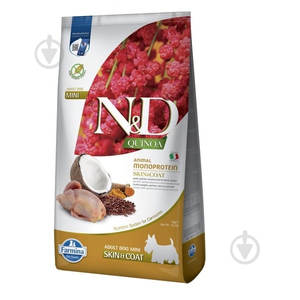 Корм сухой Farmina N&D Quinoa Skin&Coat Adult Mini при пищевой аллергии с перепелом и киноа 7 кг - фото 1