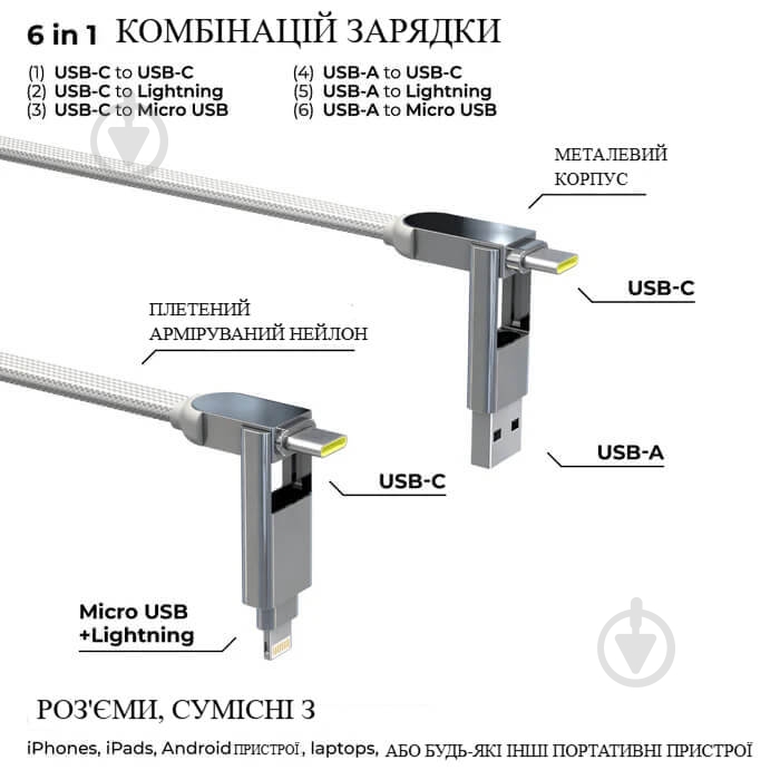 Кабель Rolling Square 6 в 1 inCharge XL 0,3 м білий (XLS02R) - фото 3