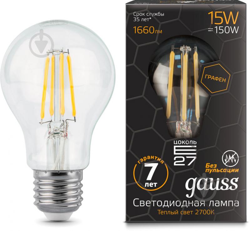 Лампа світлодіодна Gauss Black FIL Graphene A60 15 Вт E27 2700 К 220 В прозора - фото 1