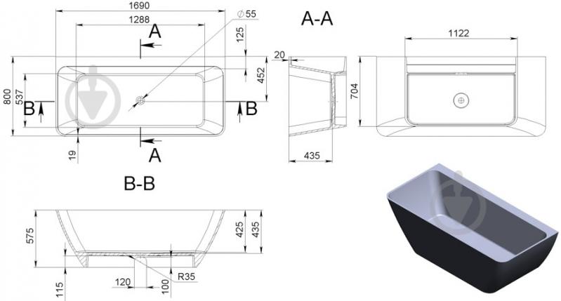 Ванна из искусственного камня EGO Logic New (Matte) 169х80 см - фото 3