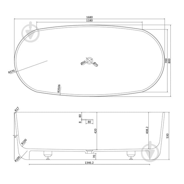 Ванна зі штучного каменю VOLLE Solid surface 12-40-036 168х80 см - фото 2