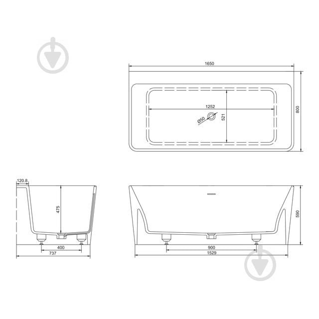 Ванна зі штучного каменю VOLLE Solid surface 12-40-051 165х80 см - фото 2