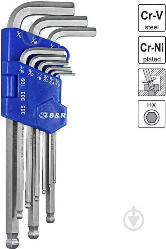 Набір ключів шестигранних S&R дюймові 9 шт. (1/16"- 3/8") Cr-V подовжені з шарніром 365303109 - фото 5