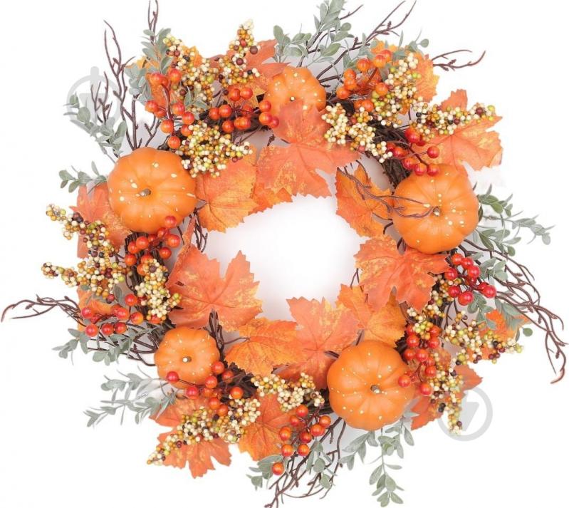 Декорация осенняя венок с тыквами и ягодами 50 см - фото 1 Декорация осенняя венок с тыквами и ягодами 50 см - фото 1