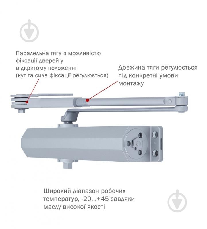 Доводчик дверной RYOBI DS-3550P BC/DA PRL_HO с фиксацией, ветровым тормозом, тормозом закрывания серый 100 кг - фото 2