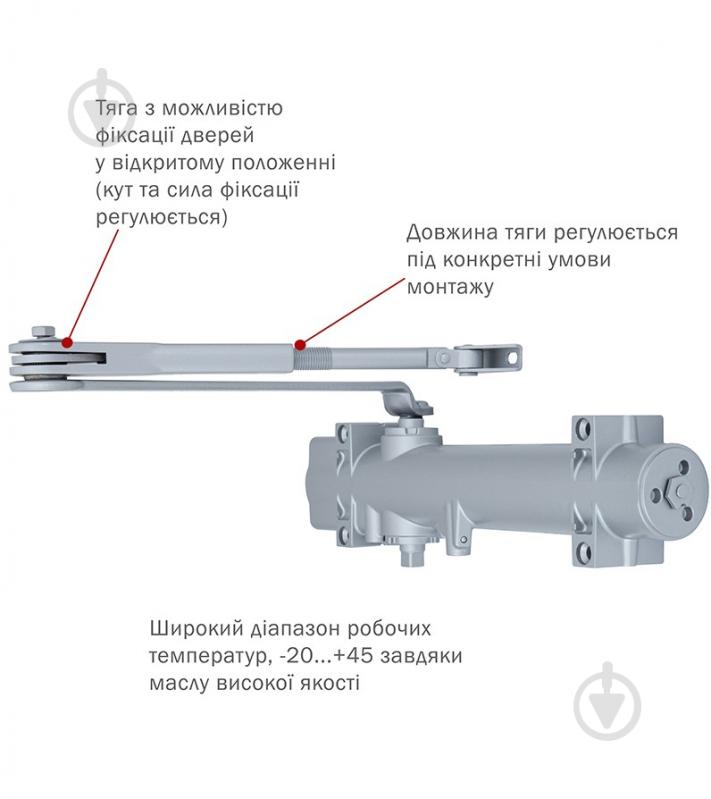 Доводчик дверной RYOBI DS-4550 BC/DA STD_HO с фиксацией, ветровым тормозом, тормозом закрывания серый 200 кг - фото 2