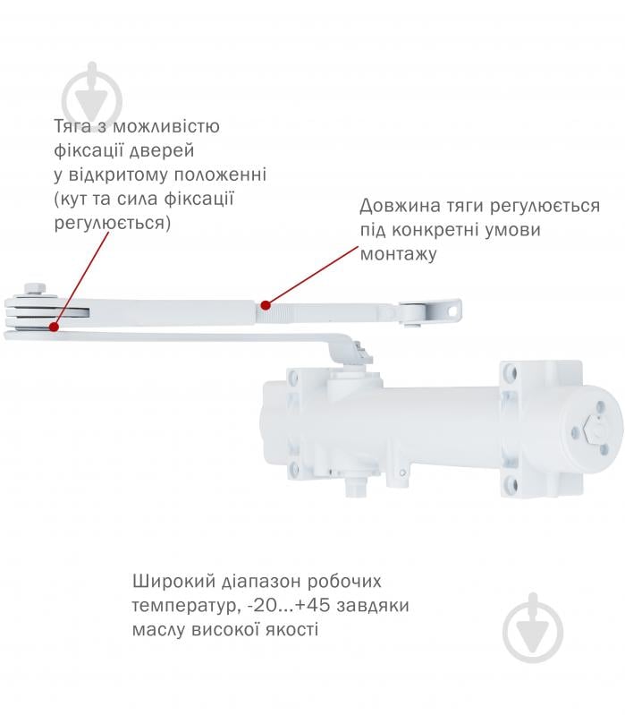 Доводчик дверной RYOBI DS-4550 BC/DA STD_HO с фиксацией, ветровым тормозом, тормозом закрывания белый 200 кг - фото 2