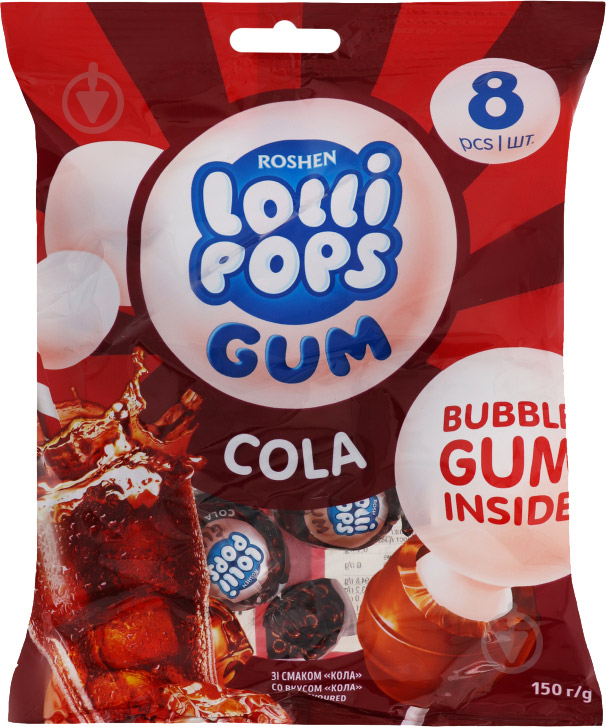 Карамель льодяникова Roshen Lollipops GUM Cola 150 г (4823077632358) - фото 1