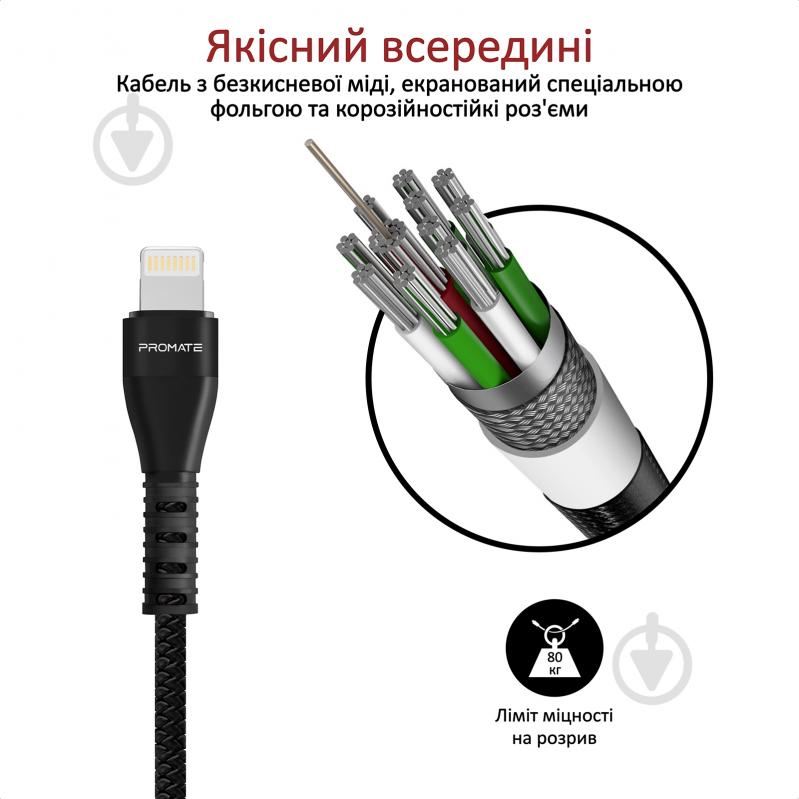 Кабель Promate Vigoray-I USB-Lightning 2А 1,2 м черный (vigoray-i.black) - фото 3