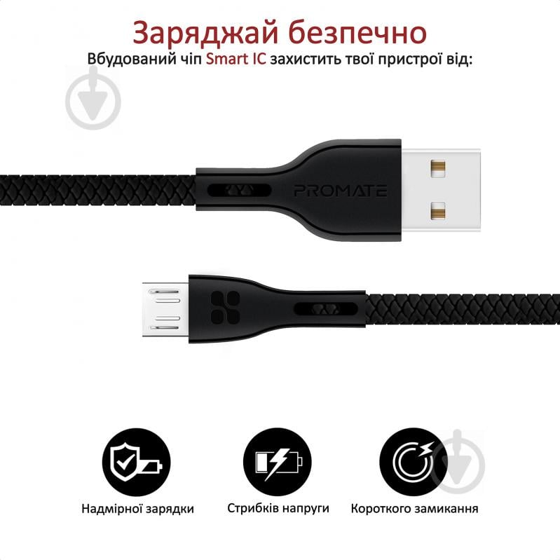 Кабель Promate PowerBeam-M USB-microUSB 2А 1,2 м черный (powerbeam-m.black) - фото 5