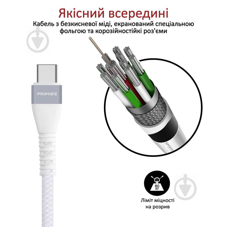 Кабель Promate Vigoray-C USB - USB Type-C 1,2 м белый (vigoray-c.white) - фото 3