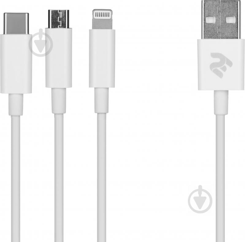 Кабель 2E USB Type-C + microUSB + Apple Lightning – USB 1 м белый (2E-CCMTLAB-WT) 3in1 Data/Charge - фото 1