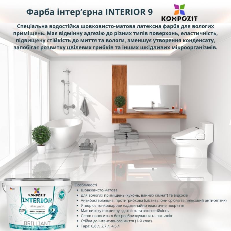 Краска акриловая водоэмульсионная Kompozit INTERIOR 9 шелковистый мат белый 0,8 л - фото 3