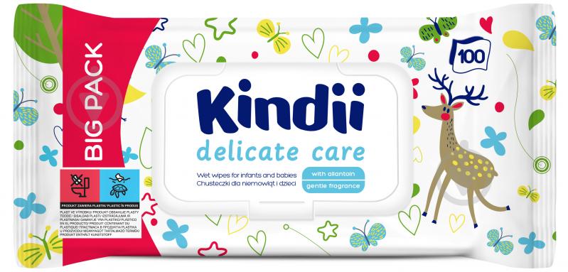 Дитячі вологі серветки Kindii Delicate Care для немовлят і дітей з клапаном 100 шт. - фото 1