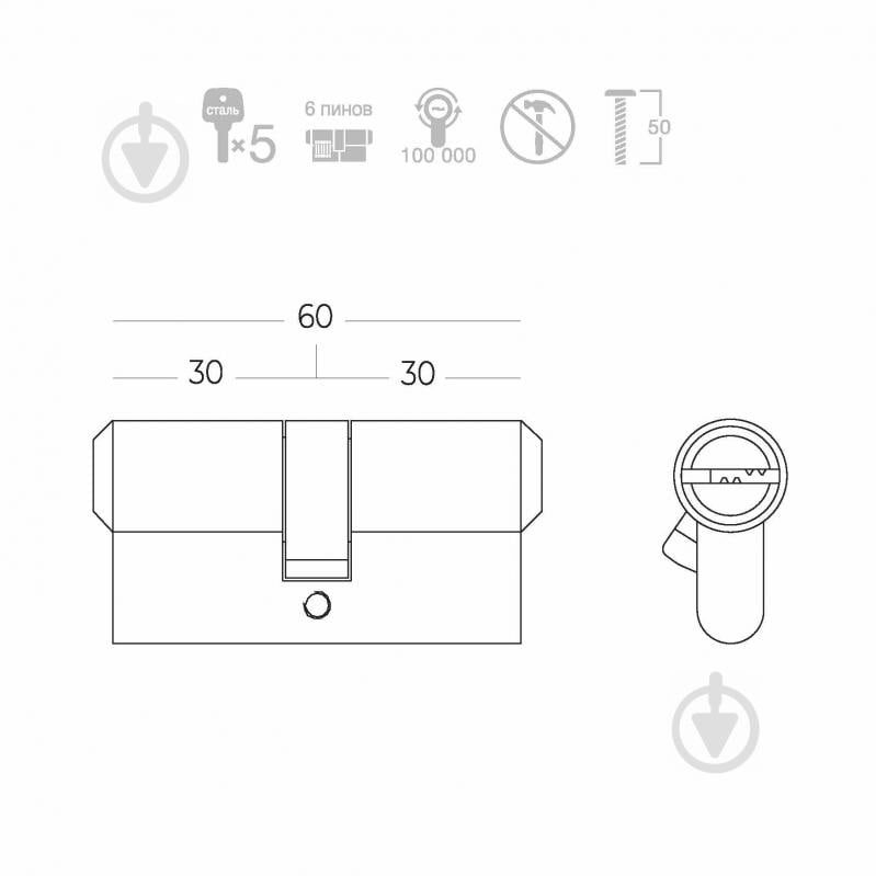 Циліндр Linde A6P 30x30 ключ-ключ 60 мм матовий хром - фото 2