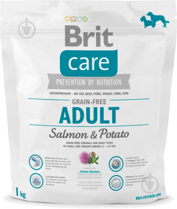 Корм для усіх порід Brit Care Grain Free Adult для собак з лососем та картоплею, 1кг, 132726 1 кг - фото 1