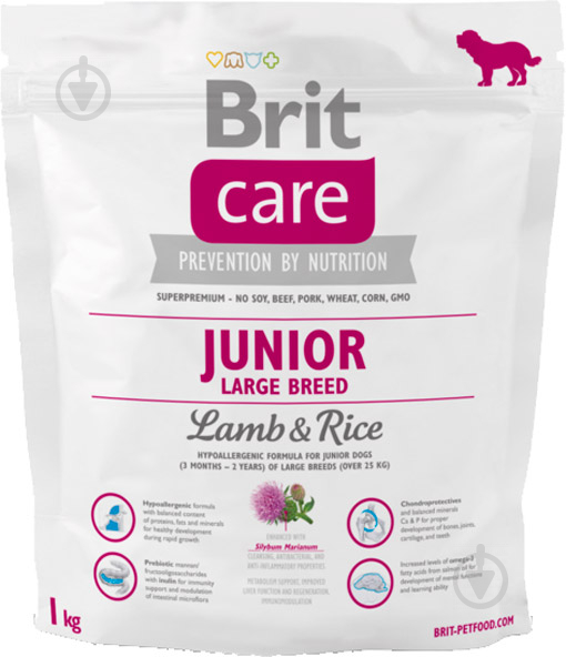 Корм для усіх порід Brit Care Junior Large Breed для цуценят та молодих собак з ягнятиною та рисом, 1кг, 132705 1 кг - фото 1