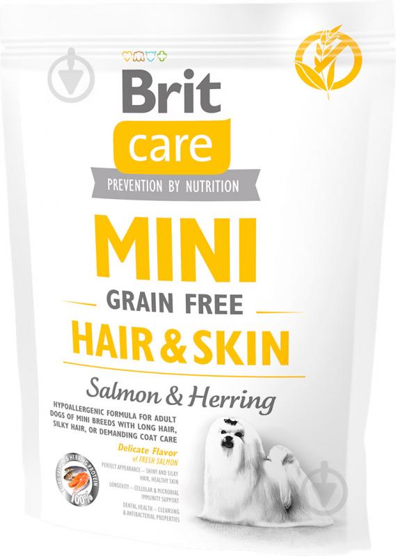 Корм для малих порід Brit Care Mini Grain Free Hair & Skin з лососем та оселедцем, 400г, 170783 400 г - фото 1