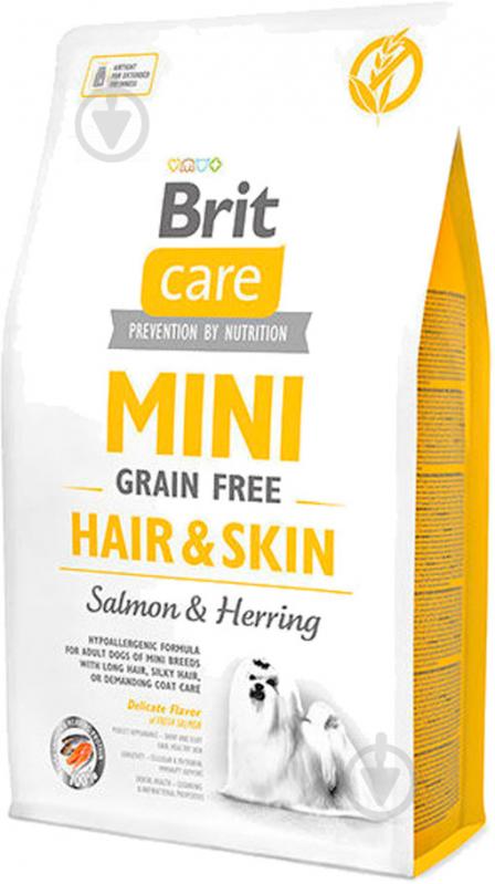 Корм для малых пород Brit Care Mini Grain Free Hair & Skin с лососем и селедкой, 2кг, 170782 2 кг - фото 1