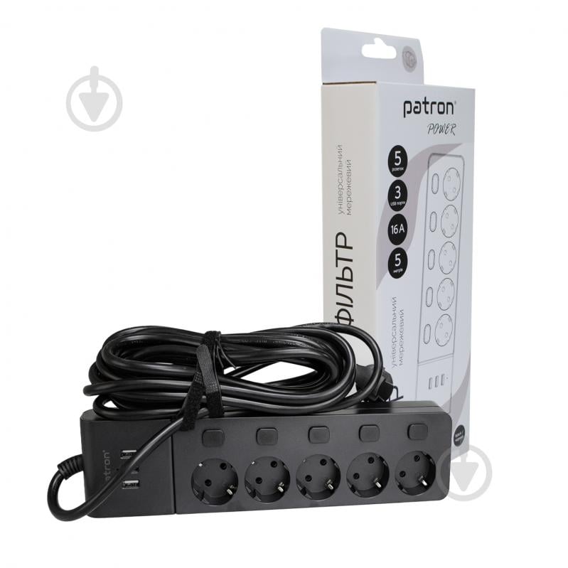 Сетевой фильтр Patron Power 3хUSB 16А 250В с заземлением 5 гн. черный 5 м EXT-PN-SP-1655-USB - фото 1 Сетевой фильтр Patron Power 3хUSB 16А 250В с заземлением 5 гн. черный 5 м EXT-PN-SP-1655-USB - фото 1