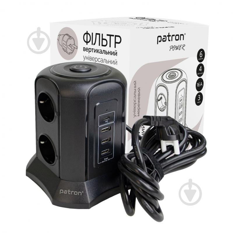 Мережевий фільтр Patron Power 3хUSB 1хUSB-C вежа 16А 250В із заземленням 6 гн. чорний 3 м EXT-PN-SP-1663-USBT - фото 1