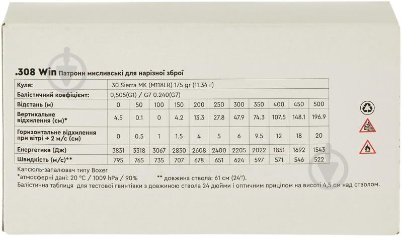 Патроны нарезные STS 308 Win пуля Sierra MK масса 175 gr (11.34 г) M118LR лат. гильза - фото 2