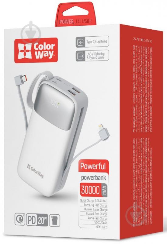 Повербанк ColorWay Powerful (USB QC3.0 + USB-C Power Delivery 22.5W) 30000 mAh white (CW-PB300LPA4WT-PDD) - фото 2