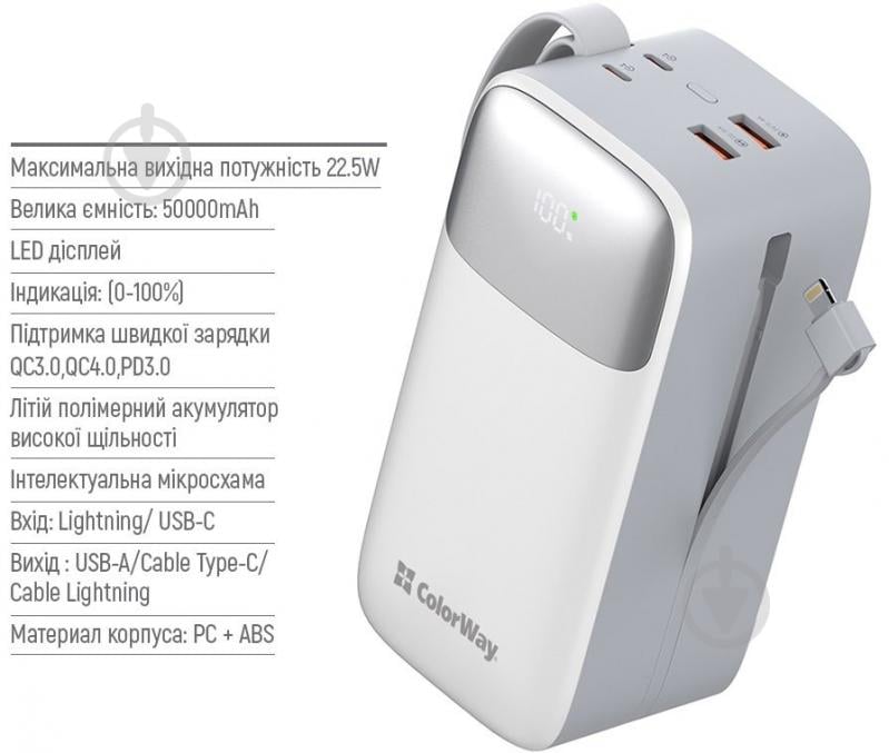 Повербанк ColorWay Powerful (USB QC3.0 + USB-C Power Delivery 22.5W) 50000 mAh white (CW-PB500LPA4WT-PDD) - фото 4