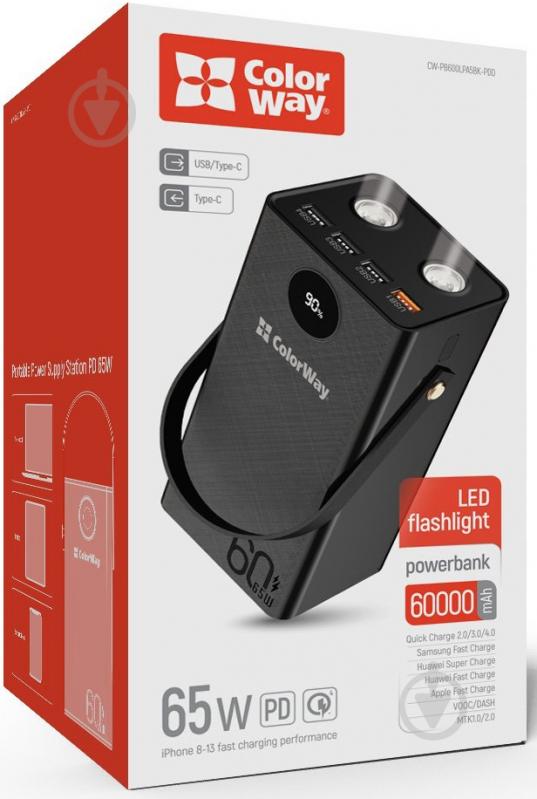 Повербанк ColorWay Powerful (USB QC3.0 + USB-C Power Delivery 65W) 60000 mAh black (CW-PB600LPA5BK-PDD) - фото 2