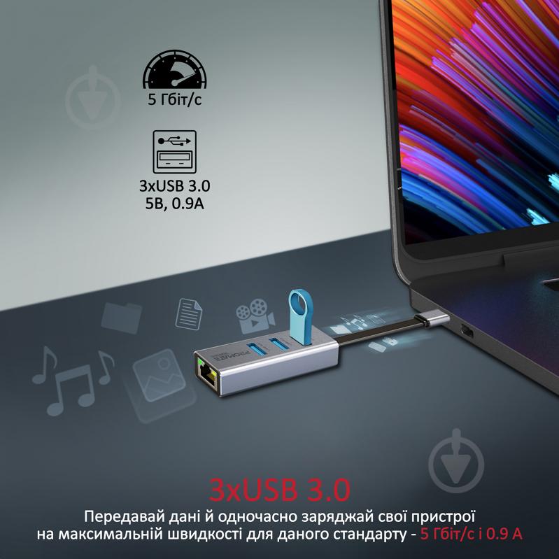 USB-хаб Promate USB-C хаб 4-в-1 GigaHub-C 3xUSB 3.0/RJ45 Grey - фото 2