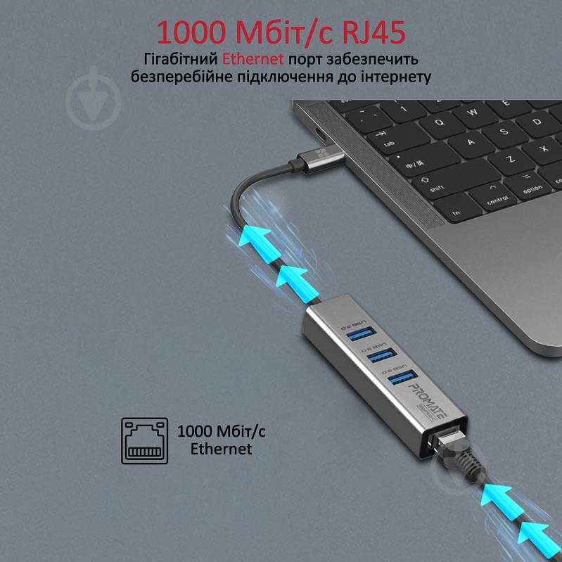 USB-хаб Promate USB-C хаб 4-в-1 GigaHub-C 3xUSB 3.0/RJ45 Grey - фото 3