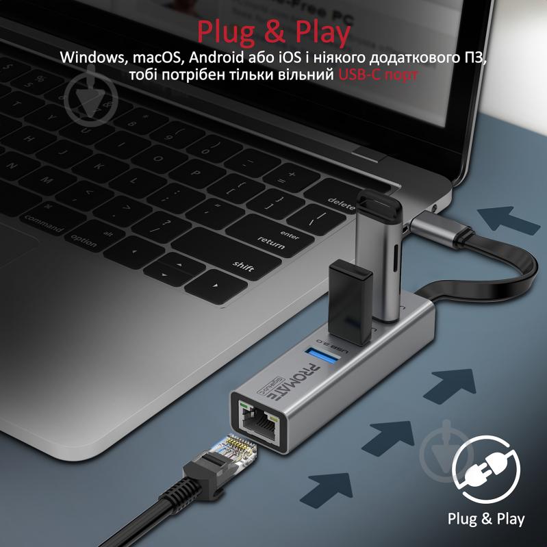 USB-хаб Promate USB-C хаб 4-в-1 GigaHub-C 3xUSB 3.0/RJ45 Grey - фото 5