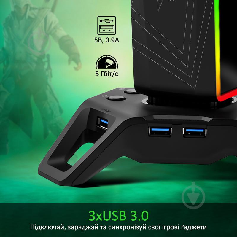 Тримач для навушників Vertux black (hexarack.black) USB хаб 3xUSB 3.0/2xAUX 3.5 мм - фото 2