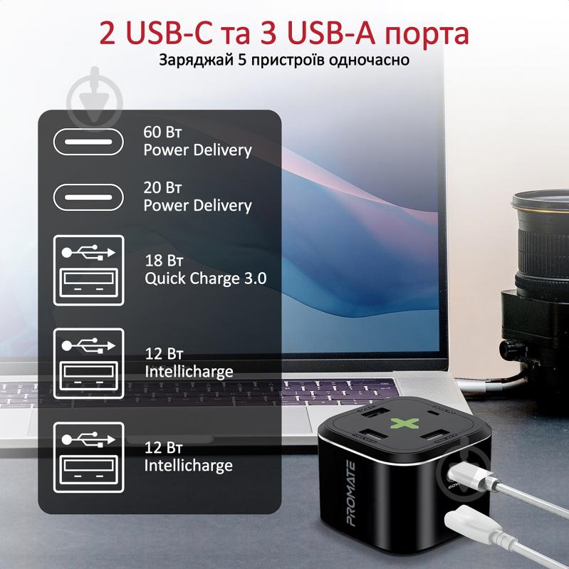 Зарядний пристрій Promate PowerCube-PD80 Вт, 2хUSB-C + 3xUSB-A Black - фото 3