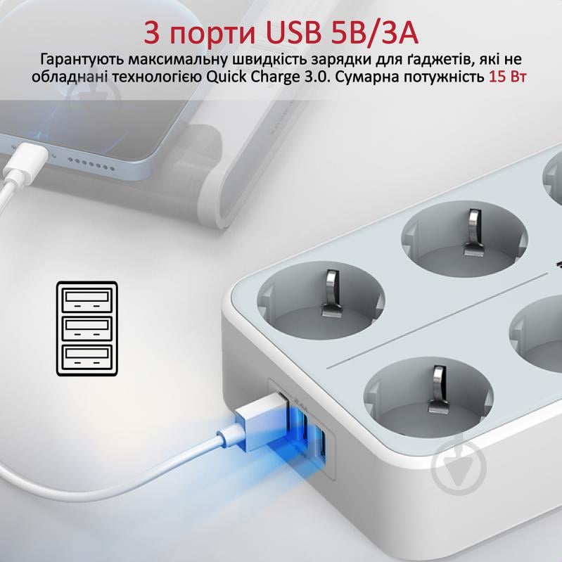 Сетевой фильтр Promate 11-в-1 PowerCord8EU-4M 8 розеток и 3 USB порта с заземлением 8 гн. white 4 м powercord8eu-4m.white - фото 3