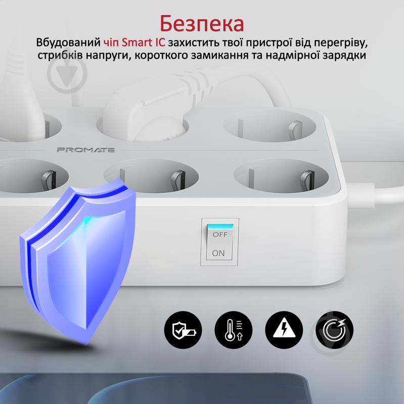 Мережевий фільтр Promate 11-в-1 PowerCord8EU-4M 8 розеток і 3 USB порта із заземленням 8 гн. white 4 м powercord8eu-4m.white{ - фото 4