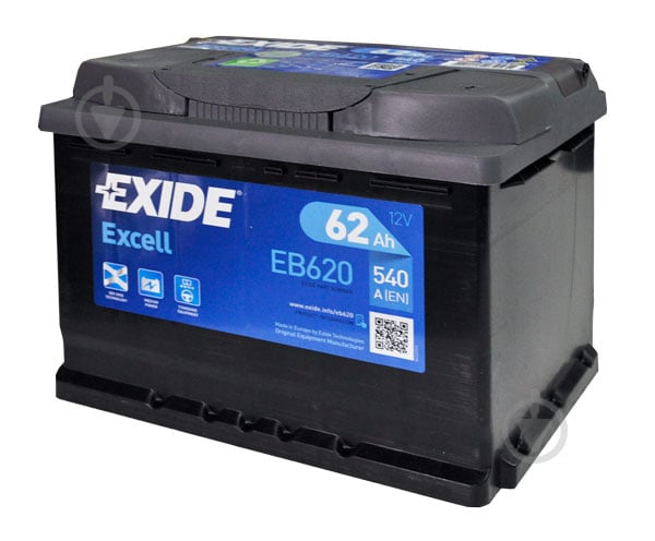 Акумулятор автомобільний EXIDE Excell 6СТ-62 Евро (EB620) 62Ah 540A 12V «+» праворуч - фото 1