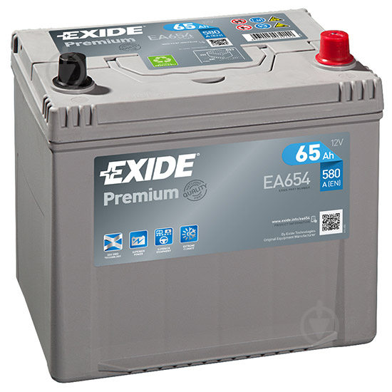 Аккумулятор автомобильный EXIDE Premium 6СТ-65 АЗИЯ Евро (EA654) 65Ah 580A 12V «+» справа - фото 1