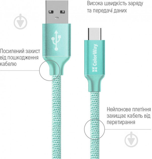 Кабель ColorWay USB - Type-C 2.1А 1 м мятный - фото 3