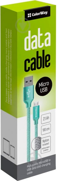 Кабель ColorWay USB - МicroUSB 2.1А 1 м мятный - фото 2