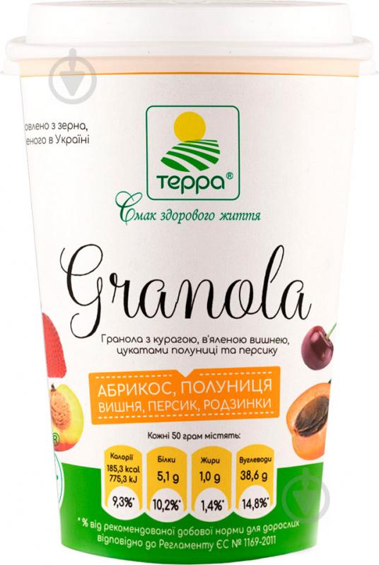 Гранола ТЕРРА з курагою, в’яленою вишнею, цукатами полуниці та персика 50 г 50 г - фото 1